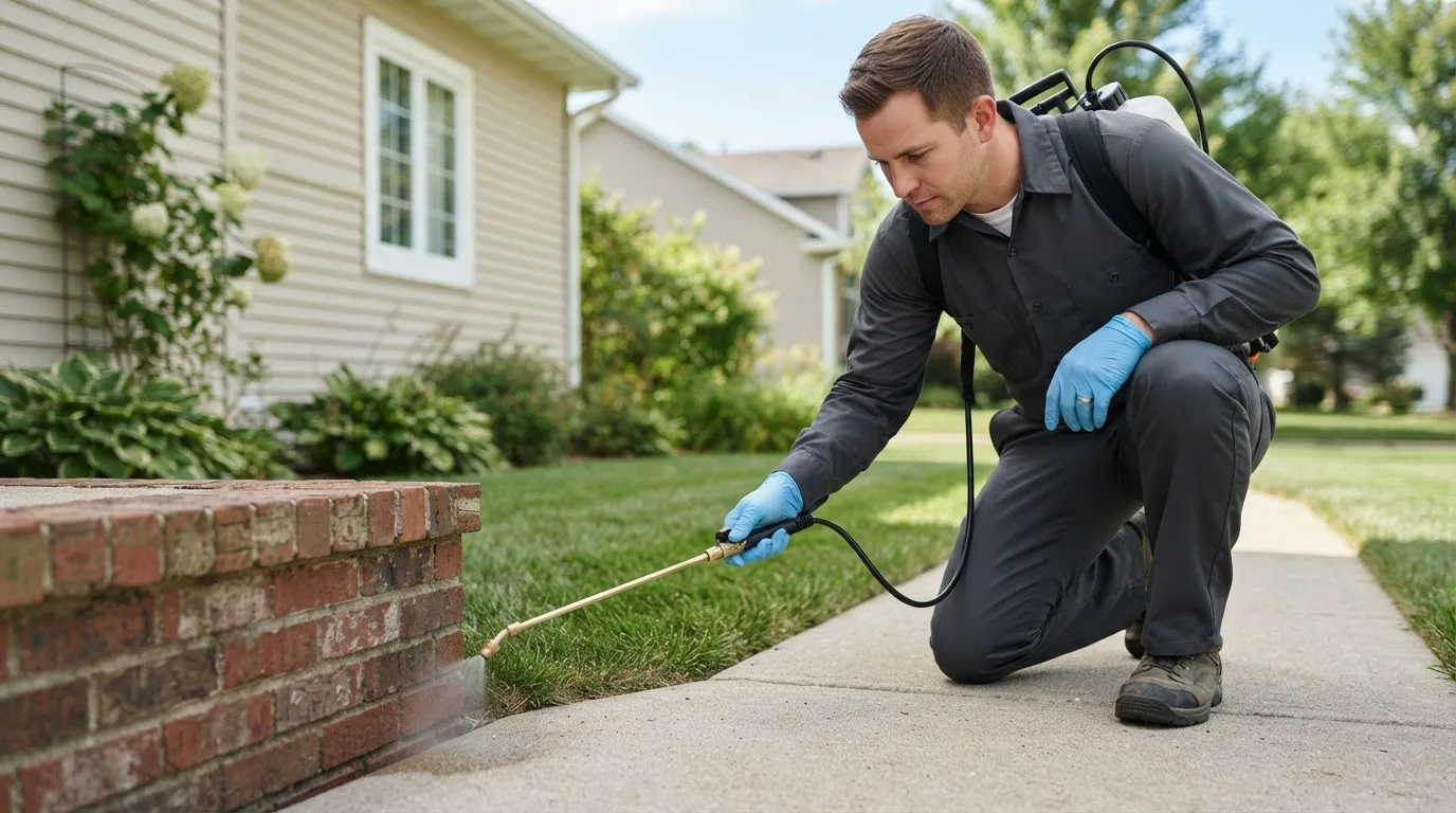 Pest control technician treating a home near Emma, MO